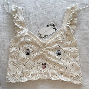 Chelsea & Violet Cream Crochet Ruffle Strap Crop Top with Floral Embroidery